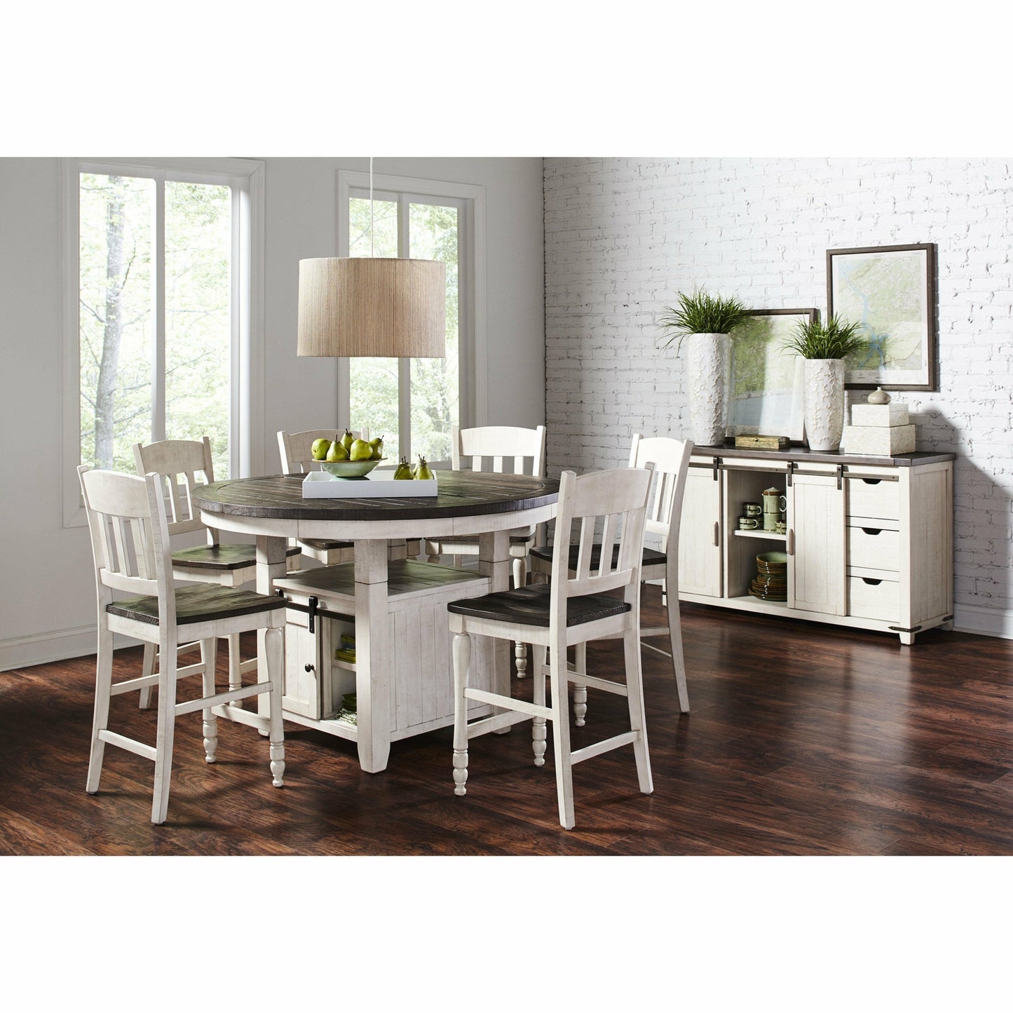Madison County Counter Table With Storage Base WITH 6 Ladderback Counter Stools - Chapin Furniture