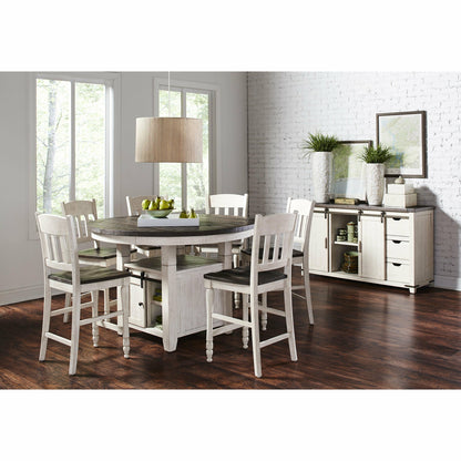 Madison County Counter Table With Storage Base WITH 6 Ladderback Counter Stools - Chapin Furniture
